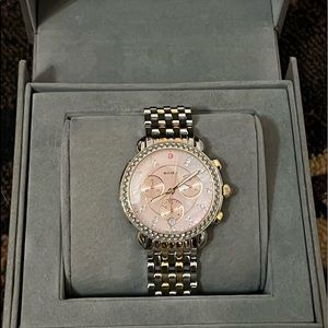 SOLD-Michele Sidney Diamond Two Tone Stainless and Diamond Bracelet Watch 18 mm